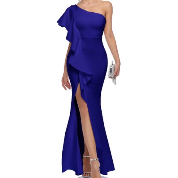 One Shoulder Ruffled Split Mermaid Evening Gown Cocktail Long Formal Dress - Picture 5 of 5